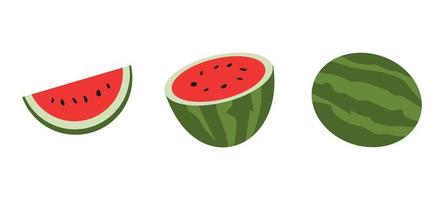 conjunto de iconos de sandía. sandía cortada, sandía entera. adecuado para el tema de frutas, alimentos, jugos, plantas, salud, naturaleza, etc., estilo vector plano.