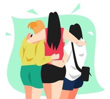 back view illustration of three girls hugging. isolated green background. suitable for the theme of best friends, teens, play. flat vector style