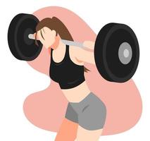 ilustración de mujer en ropa deportiva haciendo levantamiento de pesas. levantando pesas. adecuado para el tema del gimnasio, deportes, fitness, salud, belleza, etc. vector plano