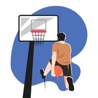 ilustración de un niño jugando al baloncesto. postura de salto. golpe de gracia. aro de baloncesto, gol. concepto deportivo, baloncesto, atleta, hobby, etc. vector plano. vista trasera