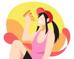 ilustración de una chica con sombrero comiendo pizza. fondo amarillo, naranja y rojo aislado. adecuado para el tema de comer, hambriento, comida rápida, delicioso, etc. estilo de vector plano