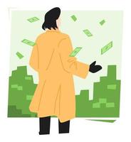 successful businessman. money rain. lots of money background. back view. business concept, rich, finance, etc. flat vector illustration