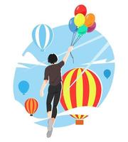 illustration of woman flying with many balloons into the sky. lots of hot air balloons. fantasy concept, traveling, transportation, color, etc. flat vector style