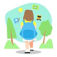 illustration of little girl walking to school. Includes book and pencil icons, idea light, whiteboard and school bus. tree and grass background. back to school concept, learning, child. flat vector