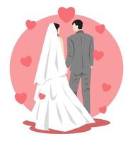 illustration of a male and female couple having a wedding. clothes. wedding dress, wedding suit. heart icon, love. suitable for celebration, event, invitation card design, etc. flat vector style