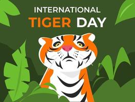 cartoon illustration of a tiger in the bush with international tiger day text. forest atmosphere. leaves, grass. half body. animal theme concept, beast, predator, celebration. flat vector