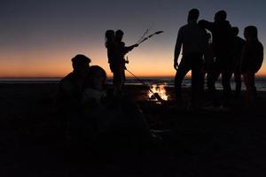 Couple enjoying bonfire with friends on beach photo