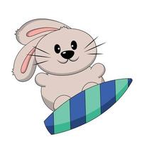 Cute Rabbit on the surfboard. Draw illustration in color vector