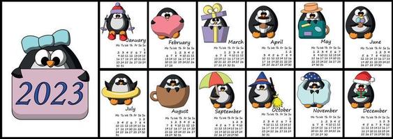 Calendar for 2023 with cute cartoon characters penguins. vector