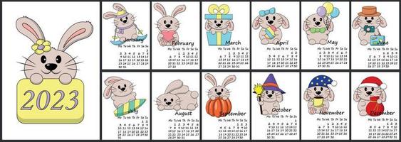 Calendar for 2023 with cute cartoon characters rabbits. vector