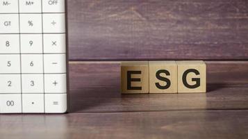 ESG word of wooden letters on a blue background photo