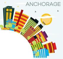 Anchorage Skyline with Color Buildings, Blue Sky and Copy Space. vector