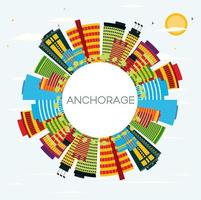Anchorage Skyline with Color Buildings, Blue Sky and Copy Space. vector
