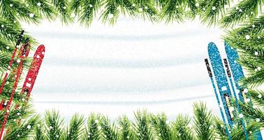 Christmas background with fir branches, snow and skiing. vector