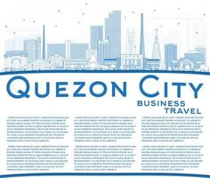 delinee el horizonte de la ciudad de Quezon, Filipinas, con edificios azules y copie el espacio. vector