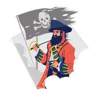 capitán pirata parado frente a un concepto de bandera pirata vector