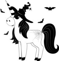 Unicorn in witch hat with spider and cobweb Halloween theme. For your design. vector