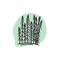 Hand drawn forest doodle style, vector illustration isolated on white background. Black lines, nature, spruces. Decorative design element, green abstract shape