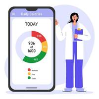 Female nutritionist or dietitian doctor holding clipboard. Smartphone with health monitoring, nutrition chart control. Healthcare and weight loss concept.