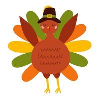Pilgrim Turkey Thanksgiving. Bird animal character wearing a pilgrims hat. Vector cartoon illustration, autumn design.