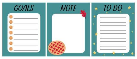 Template for planner. To do list, note, goals with autumn elements. Cherry pie and oak leaf. Organizer and Schedule with place for Notes. Good for Kids. Vector illustration.