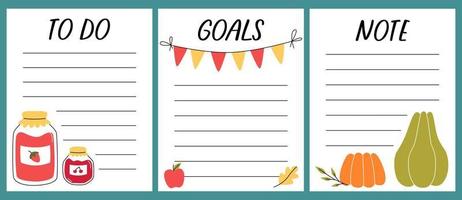 Template for planner. To do list, note, goals with autumn elements. Jam, pumpkin, garland, apple and oak leaf. Organizer and Schedule with place for Notes. Good for Kids. Vector illustration.