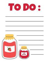 To do list template. Organizer and Schedule with place for Notes. Good for Kids. Vector illustration with autumn elements for planner. Jars of cherry and strawberry jam. Cute and trendy.