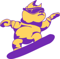 Cartoon cat-snowboarder on the snowy slope of the mountain. png