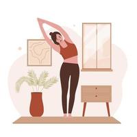 Flat design of woman practicing yoga in living room vector