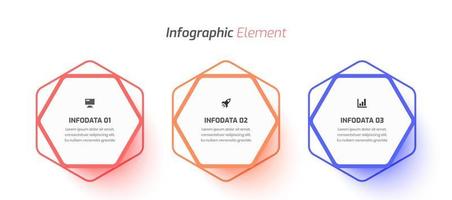 plantilla de infografía empresarial con etiqueta hexagonal, línea delgada, icono y 3 opciones. adecuado para diagrama de proceso, presentaciones, diseño de flujo de trabajo, banner, diagrama de flujo, infografía. vector