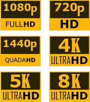 icono de resolución de pantalla de video o tv. señal de etiqueta de visualización de monitor de pantalla de juego de televisión de alta definición. estilo plano vector