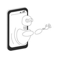 A robot in a smartphone pulls a hand. Concept of modern technologies and artificial intelligence. The brain is in your phone. Outline isolated vector illustration on white background