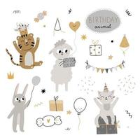 juego de cumpleaños con lindos animales. una colección de gatos felices, ovejas, tigres, conejitos, globos, gorros de fiesta, regalos y dulces. ilustración aislada sobre fondo blanco. vector