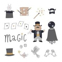 Set with cute characters, elements for tricks, hat, hare, magic wand, magic box, dove, cards. Children's illustration isolated on a white background. vector