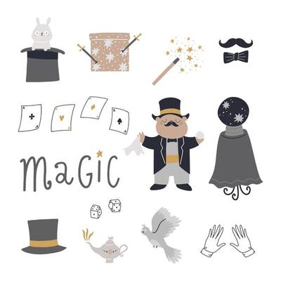 Set with cute characters, elements for tricks, hat, hare, magic wand, magic box, dove, cards. Children's illustration isolated on a white background.