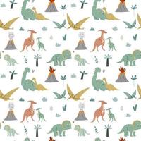 Seamless pattern cute dinosaurs, mom and baby. Prehistoric era. Children's illustration. vector