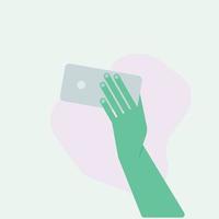 Hand holding mobile phone horizontally and vertically with blank screen illustration vector set in flat style, palm is touching smartphone display with thumb finger.