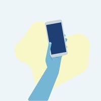 Hand holding mobile phone horizontally and vertically with blank screen illustration vector set in flat style, palm is touching smartphone display with thumb finger.