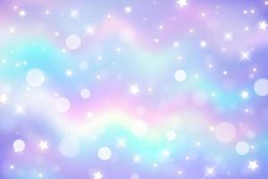 Abstract wavy background. Holographic liquid gradient with stars and bokeh. Dynamic rainbow foil backdrop. Vector pastel iridescent illustration.
