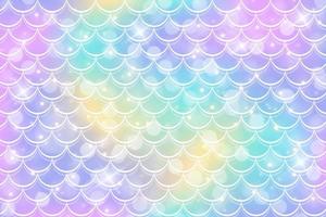 Mermaid holographic background with scale and stars. Iridescent glitter fish tail pattern. Kawaii vector texture.