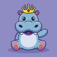 Vector illustration of cute cartoon king hippo sitting waving