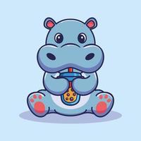 Cute hippopotamus drinking boba milk cartoon vector icon