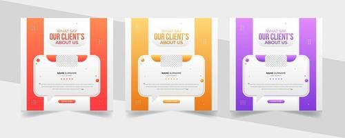 Creative and unique gradient concept customer feedback social media template. Creative Customer service feedback review or testimonial social media post or web banner with color variation template. vector