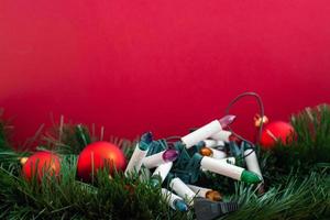 Festive decoration on a red background. Festive banner. photo