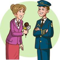 female journalist interviewing a pilot vector