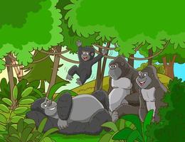 Gorilla family in forest or rainforest scene with many trees illustration vector