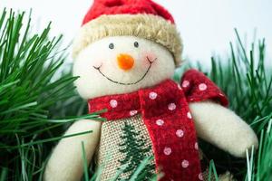 Smiling Christmas snowman handmade in a hat and scarf. Christmas decoration made of fabric. photo