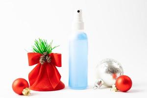 Christmas decorations with antibacterial liquid on a white background. Christmas in isolation. Banner photo