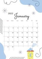 The page with the month January 2022 with abstract elements, snowflakes and mittens. Vertical poster in a simple cute style with winter elements. Vector illustration in pastel shades colors
