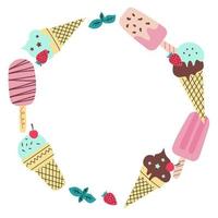 Round frame with different types of ice cream. Vector illustration in a cute hand-drawn flat style. Perfect for candy shop decoration,